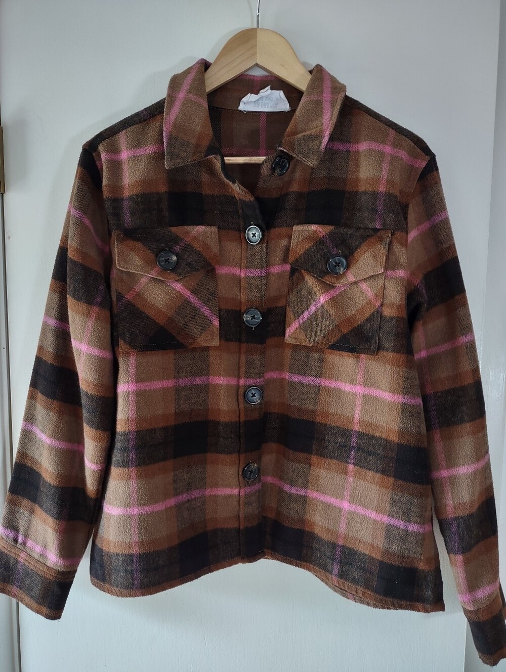 BB Dakota Steve Madden Plaid Shacket Women Large Brown Pink Black Button Front